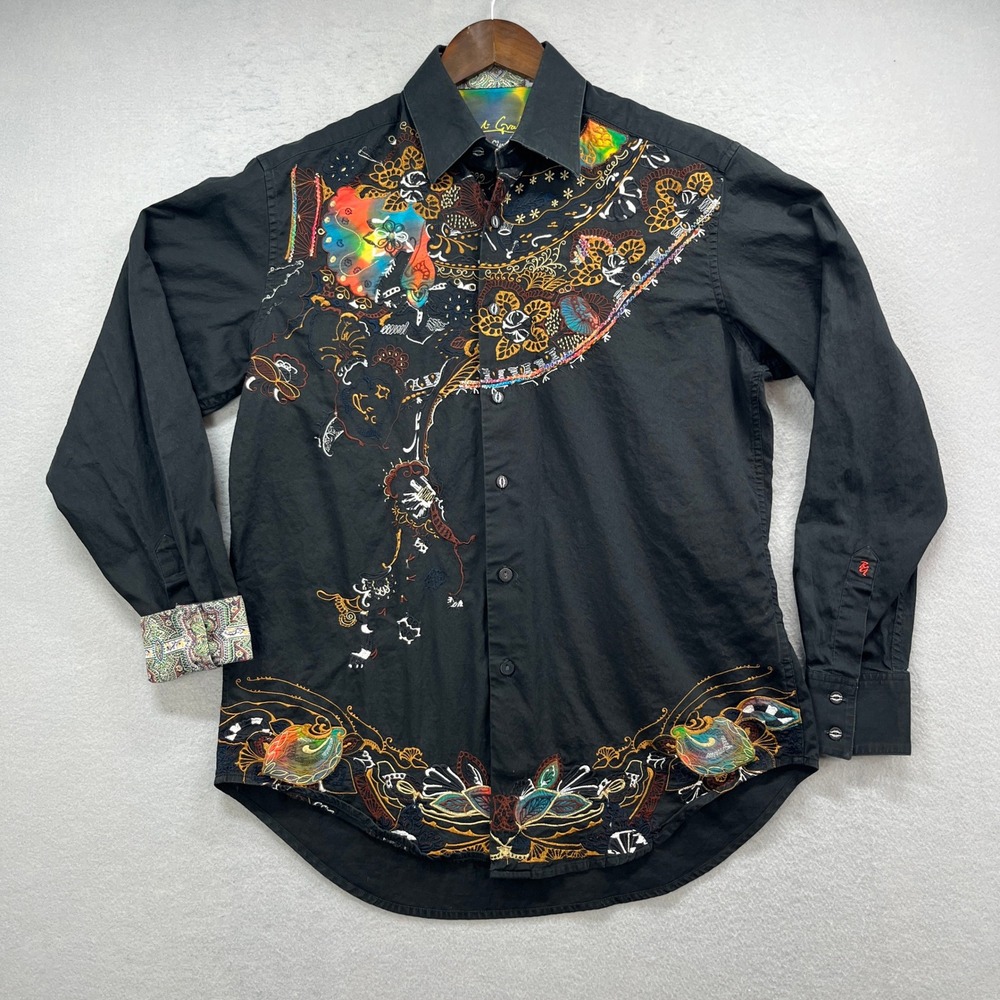 Robert Graham Limited Edition Shirt Mens M Black Embroider Flip Cuff Artsy Bold
